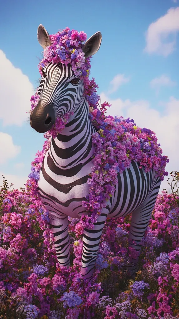 A zebra stands in a field of vibrant purple and pink flowers. Its black and white stripes are accented by a crown of flowers on its head and a floral garland draped around its neck. The zebra's coat appears to be a pale pink, adding to the whimsical and surreal nature of the scene. The bright blue sky and fluffy clouds provide a stunning backdrop for this beautiful and unexpected image.