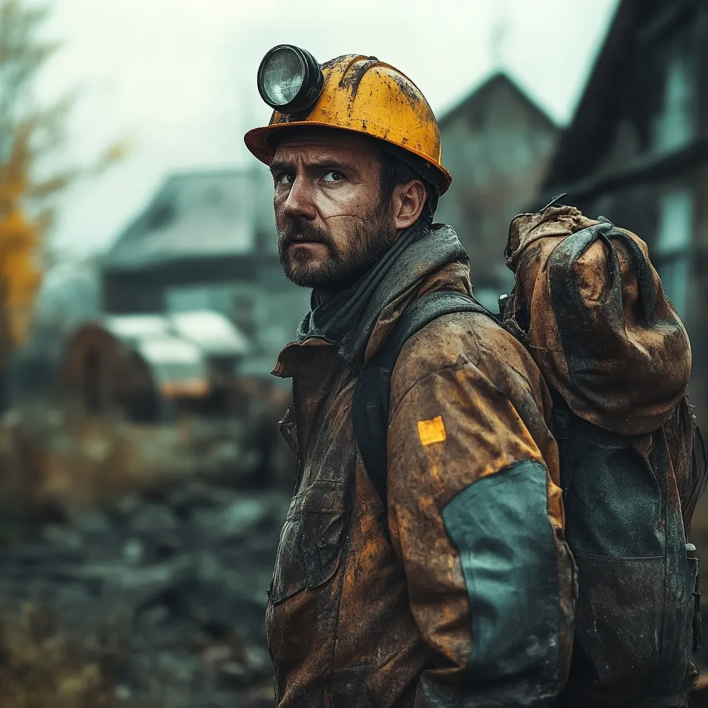 A man in a yellow hard hat and a dirty brown jacket stands in front of a dilapidated building. He has a rugged look and a determined expression on his face, and he is carrying a large backpack on his shoulders. The image has a gritty, post-apocalyptic feel.