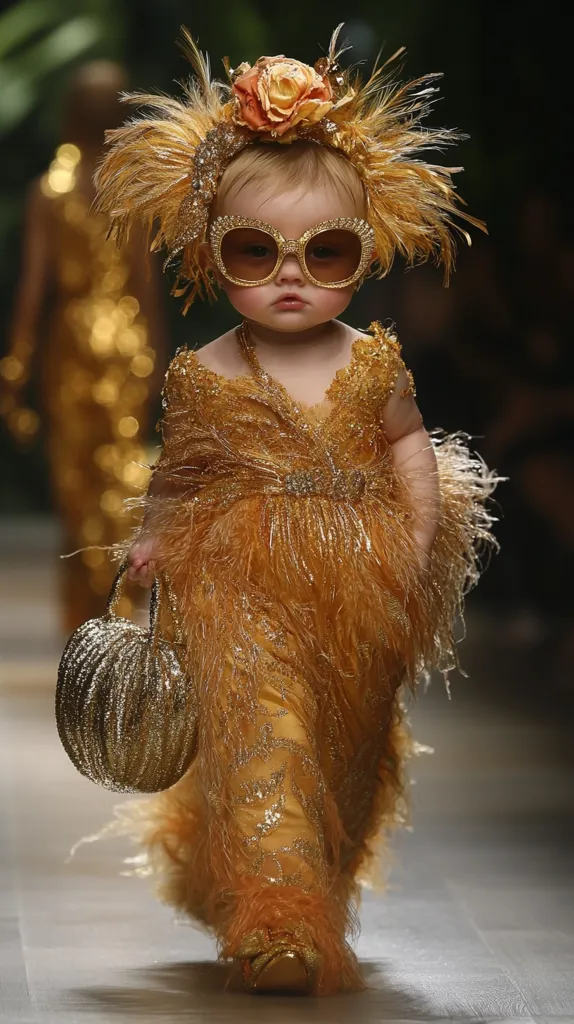 A young girl, dressed in a golden sequined and feathered gown, walks the runway with confidence. She wears oversized sunglasses and a flower crown, completing the glamorous look. Her expression is serious, highlighting her young fashionista personality. The intricate details of her attire and the soft, warm lighting create a striking visual.