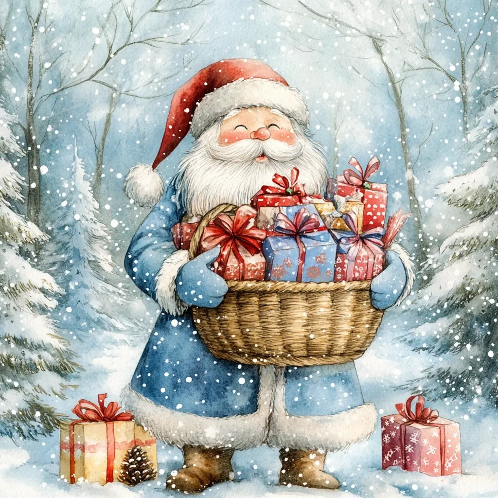 A jolly Santa Claus, dressed in blue with a white beard, stands in a snowy forest. He smiles as he carries a wicker basket overflowing with wrapped gifts, all tied with festive red ribbons. The scene is painted in watercolor, with delicate snowflakes falling around him, creating a whimsical and festive atmosphere.