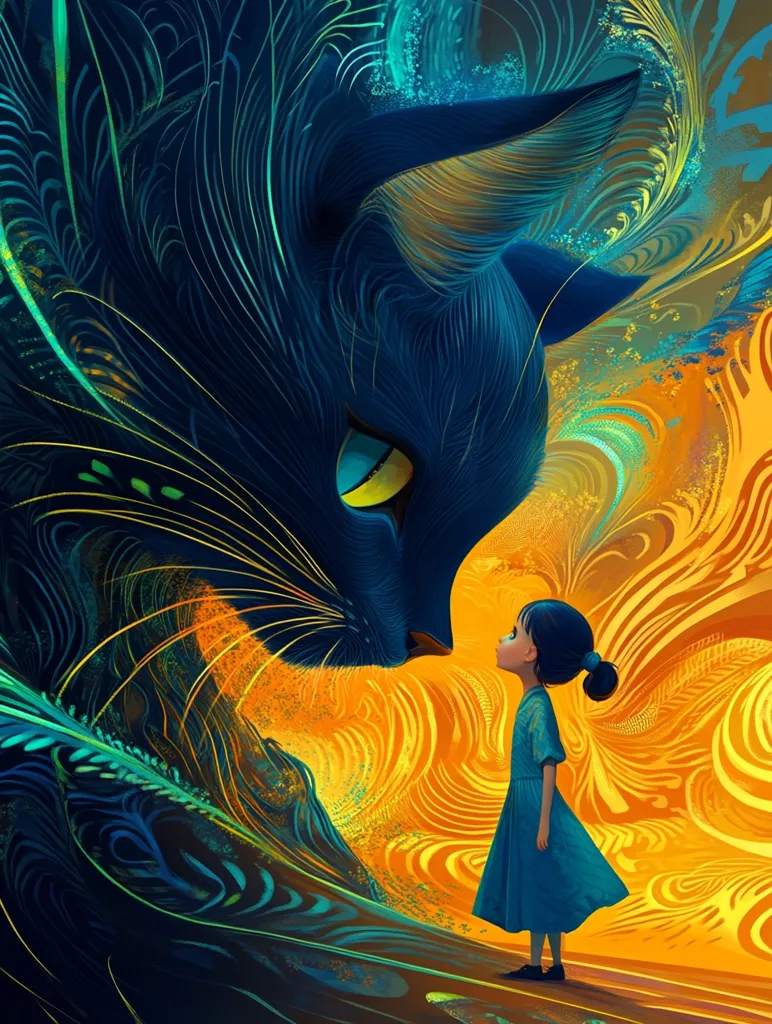 A young girl with dark hair and a blue dress stands in front of a giant black cat. The cat's eye is a bright yellow, and its fur is detailed with swirling lines of teal and gold. The background is a swirl of vibrant colors, creating a whimsical and fantastical scene.  The girl stares up at the cat with wonder, as if they are engaged in a silent conversation.  The image suggests a child's imagination and the magic of believing in the impossible.