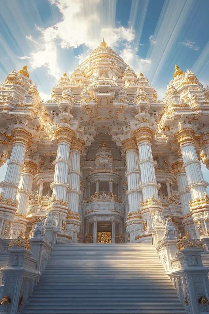 A grand, white temple with intricate gold detailing stands tall against a bright, blue sky. The structure features numerous columns and arches, leading up to a central dome. The temple is adorned with statues and ornate carvings, creating a sense of grandeur and majesty. Sunlight streams through the clouds, illuminating the building's brilliance. A sweeping staircase invites visitors to ascend and explore this architectural masterpiece.