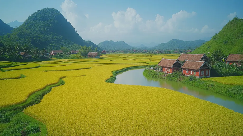 The image showcases a picturesque landscape with rolling green hills and a vast expanse of golden rice paddies. A winding river cuts through the fields, adding a touch of serenity to the scene. In the foreground, a few traditional houses with red roofs stand amidst the vibrant green foliage. The sky is a clear blue canvas adorned with fluffy white clouds.  The image exudes a sense of peace and tranquility, capturing the beauty of rural Vietnam.