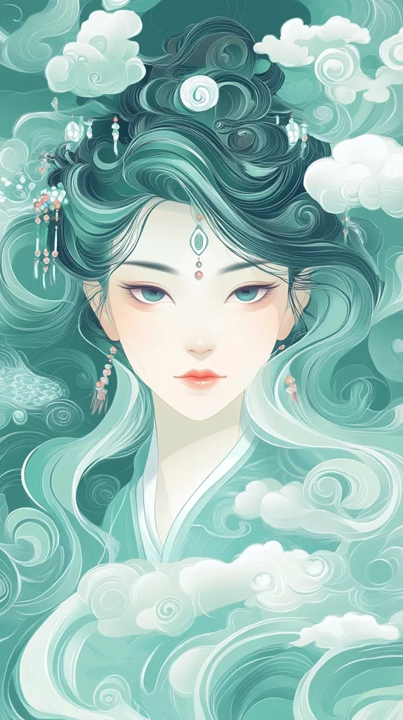 The image features a woman with long, flowing green hair, adorned with intricate headwear. She has delicate features, including large, expressive eyes. Her clothing is a soft green and blends seamlessly with the swirling clouds that surround her, creating a serene and ethereal atmosphere. The overall tone is peaceful and dreamy, suggesting a connection to nature and spirituality. The artwork is likely inspired by traditional Chinese or Japanese aesthetics.