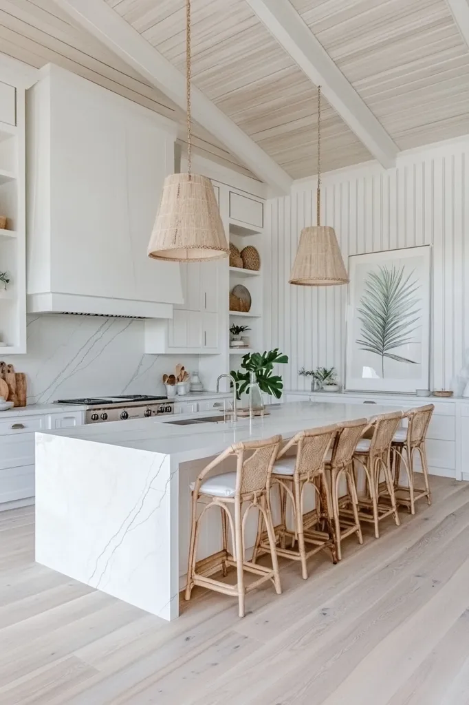 The kitchen is light and airy, with white cabinets and a white marble countertop. The island is large, with a white marble countertop and a row of wicker bar stools. The ceiling is a white wood, with two woven pendant lights hanging from the ceiling. There is a large piece of artwork on the wall behind the island. The floor is light wood. The kitchen has a modern farmhouse feel with a touch of coastal style.