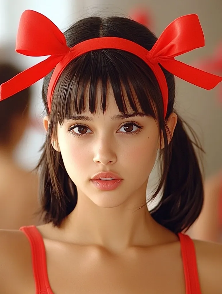 A young woman with dark hair and bangs, wearing a red headband with large bows, looks directly at the camera. Her skin is fair, with delicate features and a soft expression. She is wearing a red tank top, and the background is blurred. The image focuses on her face and conveys a sense of innocence and beauty.