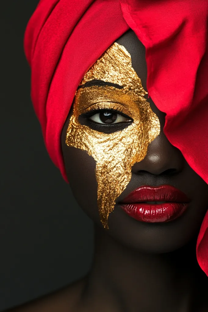 A close-up portrait of a woman with dark skin. She is wearing a red turban and has gold paint on her face. Her lips are painted red and her eyes are intense. The image is a study in contrasts, with the gold paint reflecting the light and the red turban providing a bold backdrop. The overall effect is striking and dramatic.