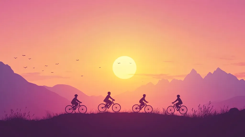 The image depicts a peaceful scene of four cyclists riding along a mountain road at sunset. The sky is a vibrant pink and orange, with a large, yellow sun setting behind the distant mountains. The cyclists are silhouetted against the colorful backdrop, creating a serene and tranquil atmosphere.  The image evokes a sense of adventure and freedom, as the cyclists journey through the beautiful natural landscape.