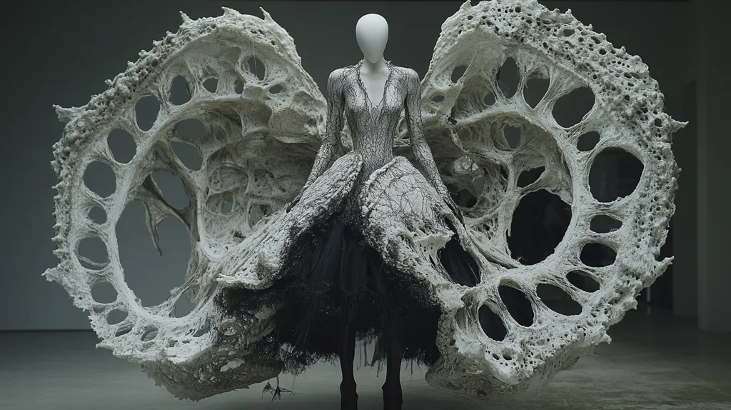 A mannequin wears a black dress with a large, intricately designed white structure that extends outwards on either side. The structure resembles a web, with intricate details of overlapping layers and circular openings. It appears to be made from a soft, malleable material. The mannequin stands against a gray backdrop, highlighting the stark contrast between the black dress and the white structure. The overall effect is both elegant and unsettling.