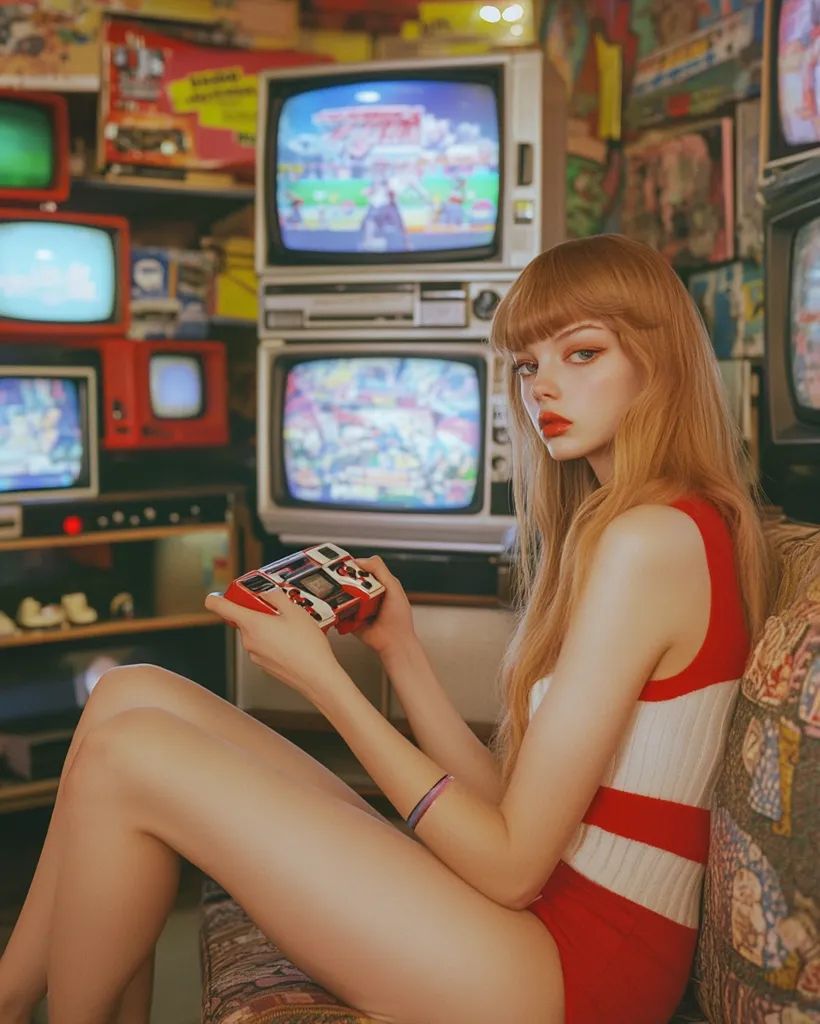 A young woman with long blonde hair sits in a retro living room, surrounded by vintage televisions. She wears a red and white striped tank top and holds a handheld video game console in her hands. She stares directly at the camera with a serious expression, capturing the essence of a bygone era of gaming. The room's decor and the woman's attire evoke a nostalgic feeling, transporting viewers to a time when video games were simpler and less complex.