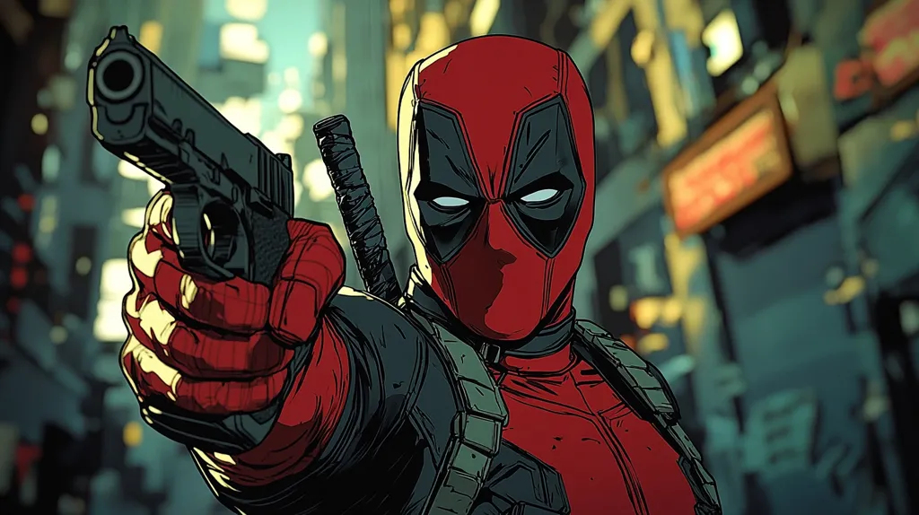 Deadpool, a comic book superhero known for his humorous and violent antics, is shown in a stylized illustration. He is holding a gun with a serious expression, contrasting his usual comedic persona. The image is set against a backdrop of a city environment, with blurry buildings and neon signs visible in the background. The art style is reminiscent of comic book illustrations, with bold lines and vibrant colors. Deadpool's trademark red and black suit is prominent, adding to the comic book aesthetic.