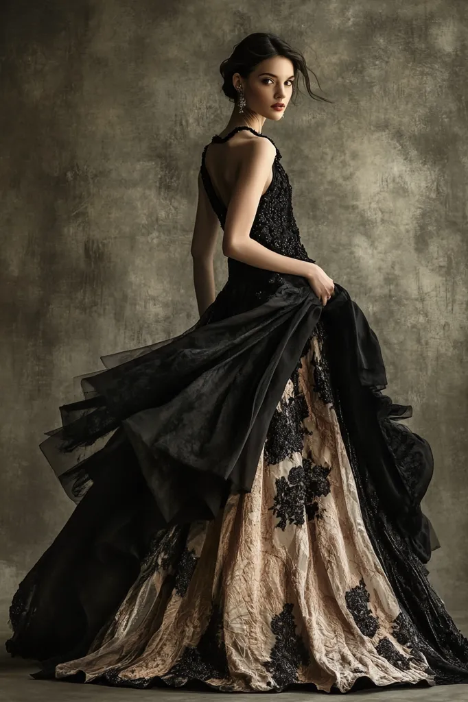 A woman in a black gown with a sheer overlay stands against a textured backdrop. The gown is adorned with black floral embroidery, creating a dramatic contrast against the delicate, pale peach fabric underneath. The woman's hair is pulled back, showcasing her sharp features and bright red lips. Her gaze is intense and captivating, adding an element of mystery to the image.