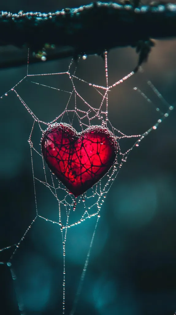 A red heart-shaped object hangs delicately in a spider web, adorned with glistening dewdrops. The web is intricately woven, creating a captivating contrast against the deep teal background. The image evokes a sense of fragility and the beauty of nature's intricate details.