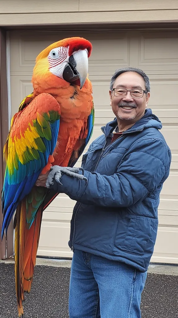 A man with a blue jacket and jeans is holding a large, colorful macaw with bright red, yellow, blue and green feathers. The bird is standing on the man's arm with its feet grasping his jacket. The man is smiling and looking at the camera. The background is a garage door.