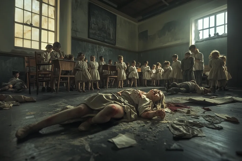 A young girl lies dead on the floor of a classroom, covered in blood. Her classmates stand in a line, looking on in shock and horror. The room is dimly lit, and the air is thick with tension. The image is a powerful depiction of violence and tragedy.
