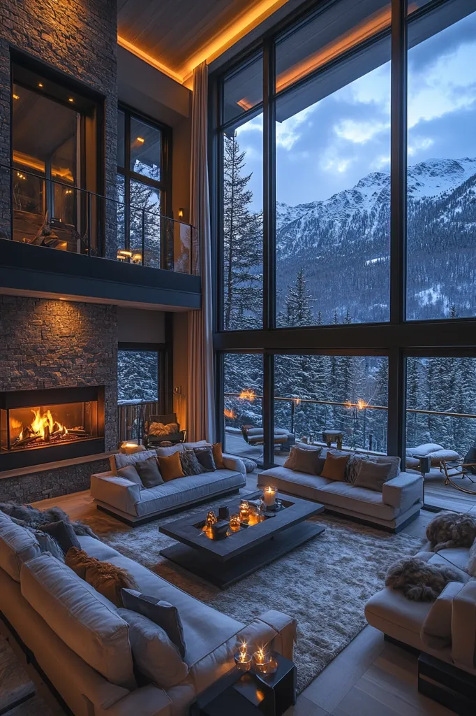 A modern living room with floor-to-ceiling windows offering stunning views of a snowy mountain landscape. The room features plush white sofas arranged around a coffee table with burning candles. A fireplace adds warmth to the cozy ambiance, and a balcony overlooks the breathtaking winter scenery. The interior is decorated with natural stone and wood, creating a sophisticated and inviting atmosphere.