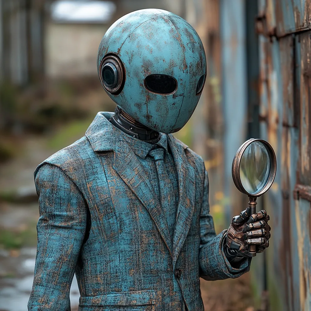 A robot wearing a blue suit and a metallic helmet, holds a magnifying glass in its mechanical hand. The robot's helmet has a weathered, rusty appearance. The scene is set against a backdrop of a rusty metal building.  The robot's  eyes are wide and searching, conveying a sense of intrigue and observation.