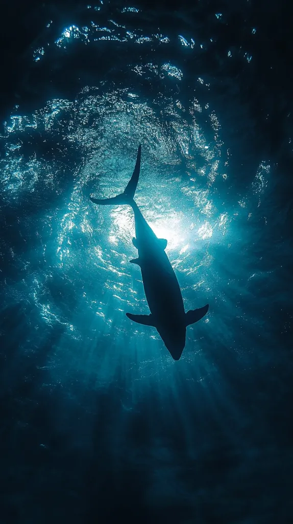 A large shark swims in the deep blue ocean. The water is illuminated by sunlight from above, casting long shadows and creating a dramatic silhouette of the shark. The shark's tail is visible in the foreground, and its body disappears into the darkness of the depths. The image captures the mysterious and powerful beauty of the ocean.