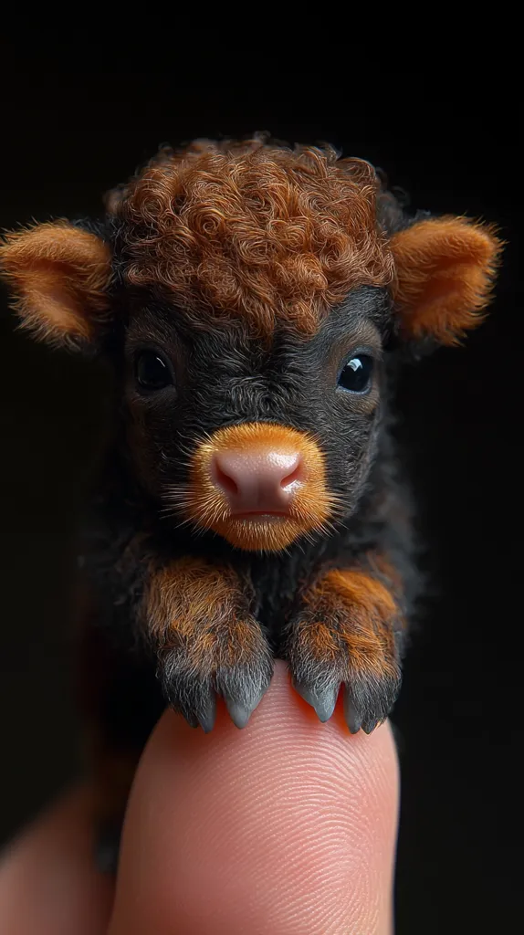 A tiny, fluffy calf with black fur and ginger highlights stands on a human finger. Its large, dark eyes look directly at the camera, and its pink nose is prominent. The calf's coat is incredibly soft and appears to be newly grown. The image captures the innocence and fragility of a newborn animal.
