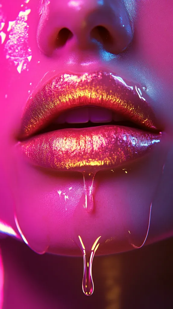 A close-up of a woman's lips, showcasing a vibrant pink hue and glistening gold lipstick. The glossy texture creates a dripping effect, adding a sense of sensuality and allure. The image is a study in color and texture, highlighting the beauty of the human form.