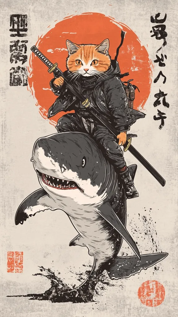 The image is a stylized depiction of a cat dressed as a samurai riding a shark. The cat is holding a katana and wearing a black cloak with a red sun behind it. The image has a Japanese aesthetic with black ink splashes and Japanese characters around the edges. It is a humorous and fantastical interpretation of a traditional Japanese art form.