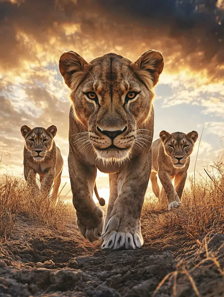 Three lions walk towards the camera in a grassy savanna. The sun is setting in the background, creating a warm glow. The closest lion is in focus, with its paws visible. The other two lions are blurred, but their determined expressions are still visible. The scene evokes a sense of wildness and majesty.