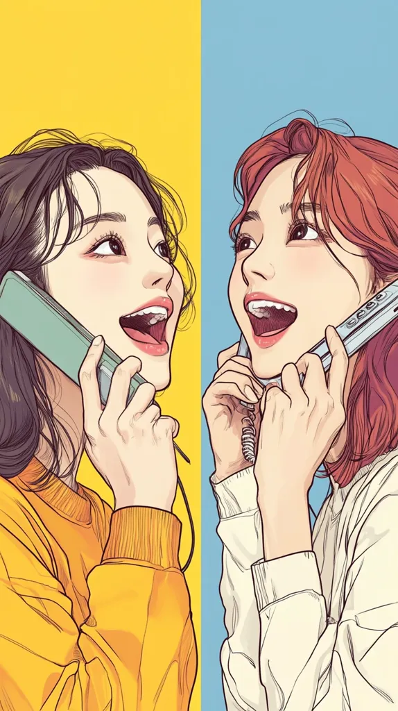 The illustration depicts two young women talking on the phone. They are positioned on opposite sides of a vertical line that divides a yellow and blue background. They both have their eyes wide open, suggesting excitement and anticipation. They are smiling and leaning into the phone, suggesting they are engaged in a lively conversation. The overall mood is bright and cheerful.