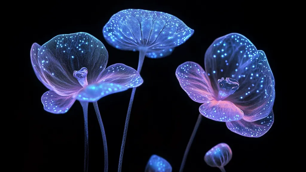 The image shows three translucent flowers, with intricate veins and glowing blue dots, against a black background.  The flowers are delicate and ethereal, resembling bioluminescent organisms. The light from the dots casts a soft glow, creating a magical and dreamlike atmosphere.