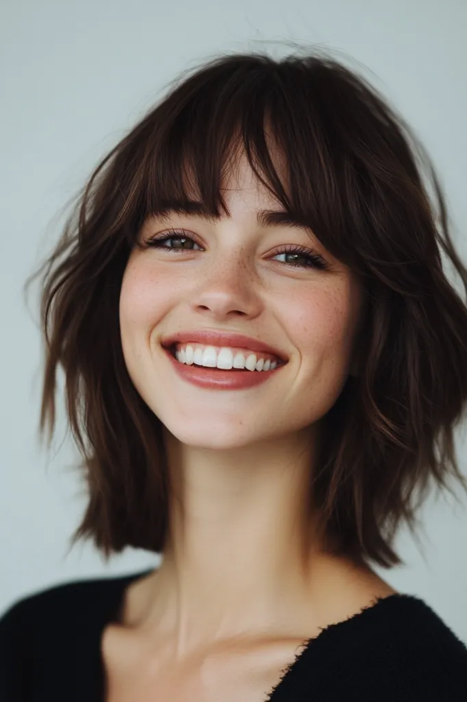 A young woman with long, dark brown hair that is styled in a shaggy bob with blunt bangs, smiles brightly at the camera. Her eyes are bright, and she has a light dusting of freckles across her nose and cheeks. She wears a black sweater with a slightly open neckline, highlighting her collarbone. The background is a plain, light grey wall.  She appears happy and confident.