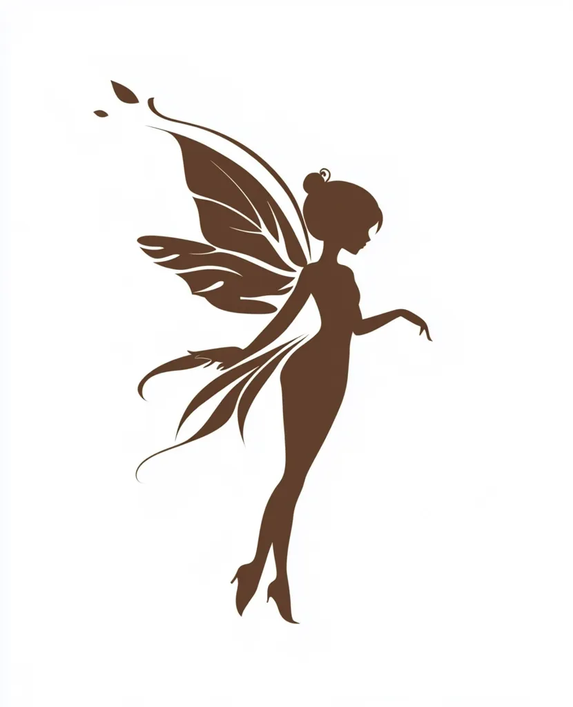 The image is a silhouette of a fairy with outstretched wings and a delicate hand gesture. Her wings are intricate and spread wide, creating a sense of movement and magic. Her body is slender and graceful, with a flowing gown that accentuates her feminine curves. The overall effect is ethereal and enchanting, suggesting a whimsical and otherworldly being.