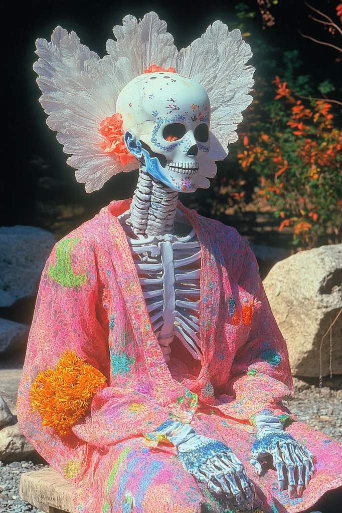 A Day of the Dead skeleton, adorned with a pink and white patterned robe and floral headpiece, sits with its hands clasped. Its face is painted with intricate designs, and its skeletal frame is visible through the sheer fabric of the robe. The image evokes a sense of both celebration and somber reflection.