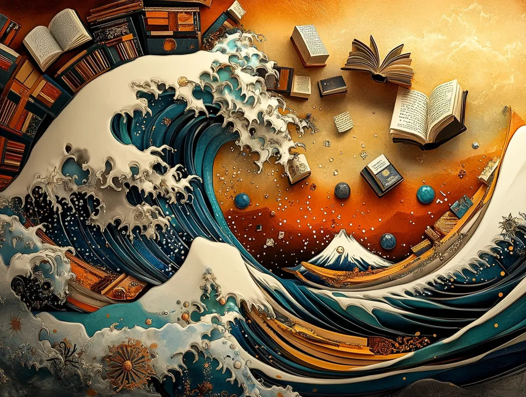 A large, blue and white wave, reminiscent of Hokusai's "The Great Wave off Kanagawa," is crafted from books and book pages. The wave crashes onto a backdrop of orange and brown, with scattered books, gold accents, and a miniature Mt. Fuji. The scene evokes a sense of wonder and the transformative power of literature.
