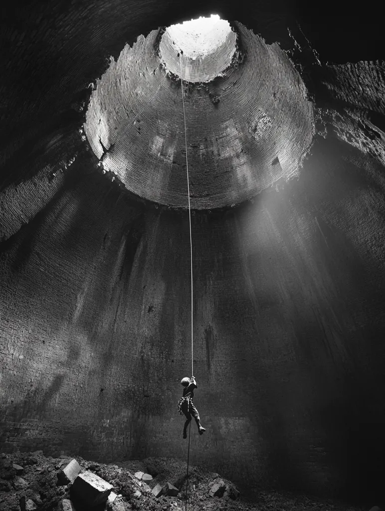 A black and white photograph of a person rappelling down a large, circular, brick structure. The structure is open at the top, revealing a bright light, suggesting a skylight. The person is suspended from a rope, hanging in the middle of the structure. The image is dark, with the light from the skylight highlighting the person and the surrounding brickwork. The overall feel is of a mysterious and isolated place.