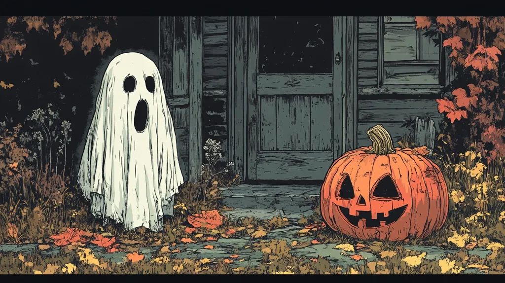 A white ghost with two black eyes and an open mouth stands in front of a wooden door, its hand resting on a pumpkin with a carved jack-o'-lantern face. Fallen leaves surround the ghost and pumpkin, creating an autumnal and spooky scene. The background depicts a dark, wooden cabin with a window and foliage. The image evokes a sense of mystery and Halloween.