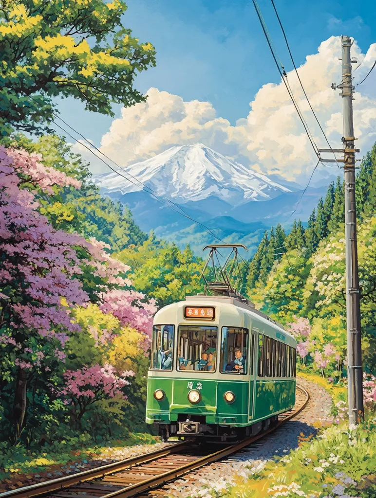 A green and white train travels along a railway track, surrounded by lush greenery and vibrant pink blossoms. The backdrop features a majestic, snow-capped mountain with a clear blue sky and fluffy white clouds. The scene evokes a sense of tranquility and natural beauty.  The image is a vibrant, stylized depiction of a picturesque train journey.