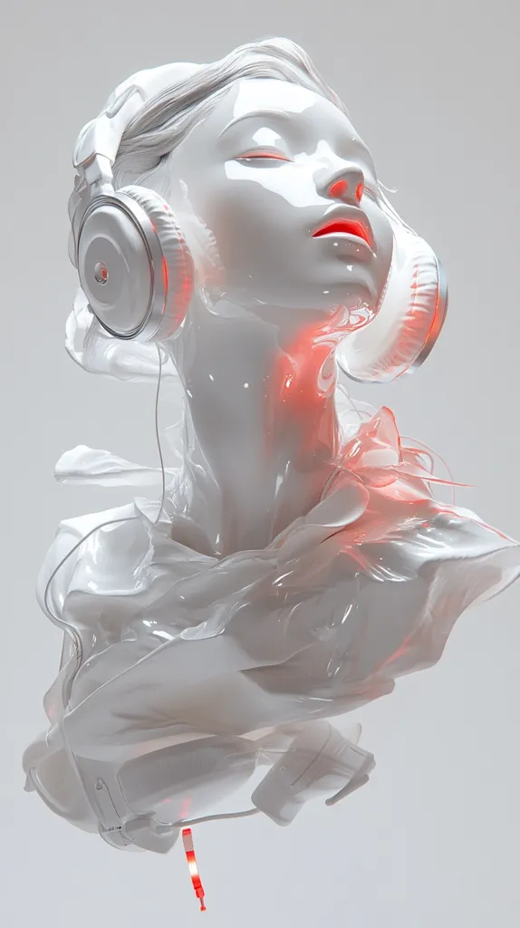 A white, sculpted bust of a woman's head with eyes closed, wearing headphones. The headphones are white with red accents. The bust is surrounded by a swirling, abstract form, also white with hints of red. The image has a futuristic, ethereal aesthetic.  The composition is simple and elegant, with a focus on the woman's face.