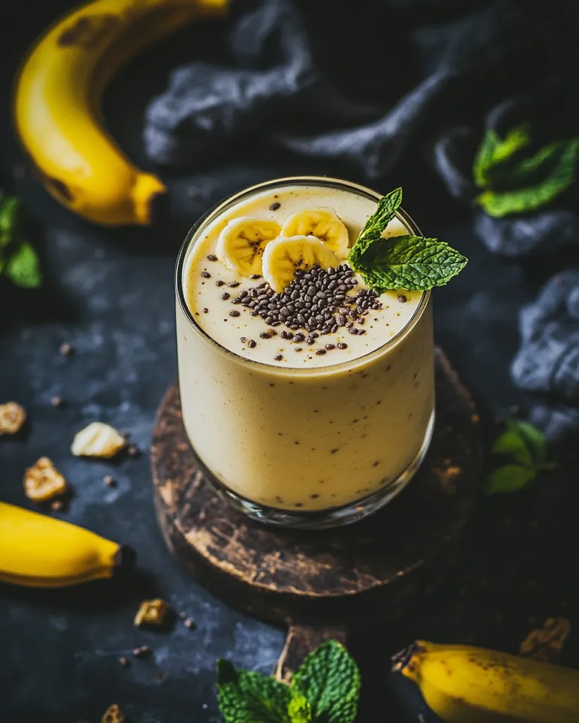 A close-up shot of a creamy banana smoothie in a glass. The smoothie is topped with sliced bananas, chia seeds, and a sprig of mint. The glass is sitting on a wooden coaster, surrounded by scattered chia seeds, a whole banana, and a few sprigs of mint. The background is dark and blurry, creating a sense of depth and focus on the smoothie. The image evokes a sense of freshness and health.