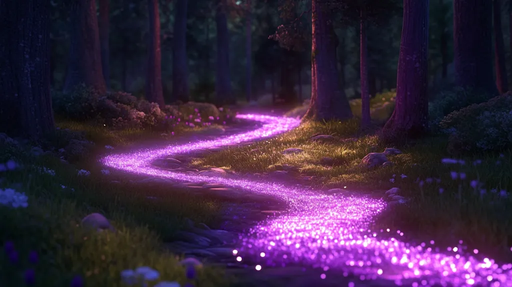 A winding path through a dark forest glows with a magical purple light, casting an ethereal luminescence on the surrounding foliage. The trees stand tall and shadowy, adding to the mysterious and enchanting atmosphere of the scene. The pathway, illuminated by the shimmering light, beckons the viewer onward, suggesting a journey into a realm of fantasy and wonder.
