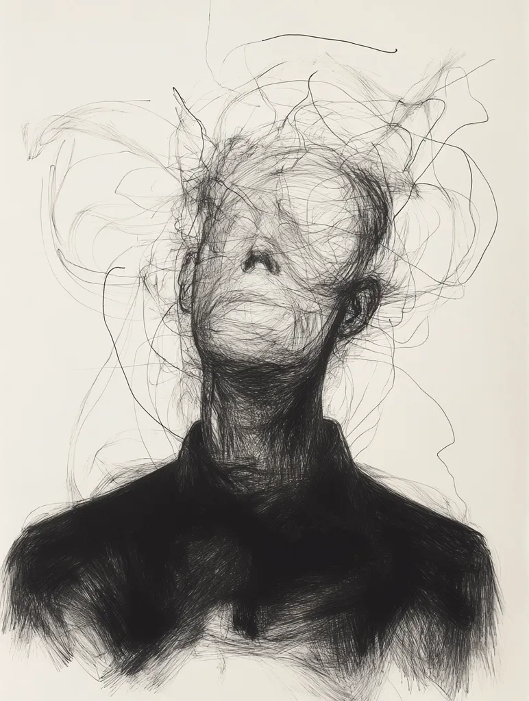 The image is a black and white drawing of a person's head and shoulders. The face is obscured by a series of tangled lines, creating a sense of mystery and intrigue. The lines are densely packed around the face, while the rest of the drawing is more sparse. This suggests the focus is on the person's thoughts and emotions, which are concealed beneath the surface. The image has a dark and moody feel, and it invites the viewer to ponder the inner life of the subject.