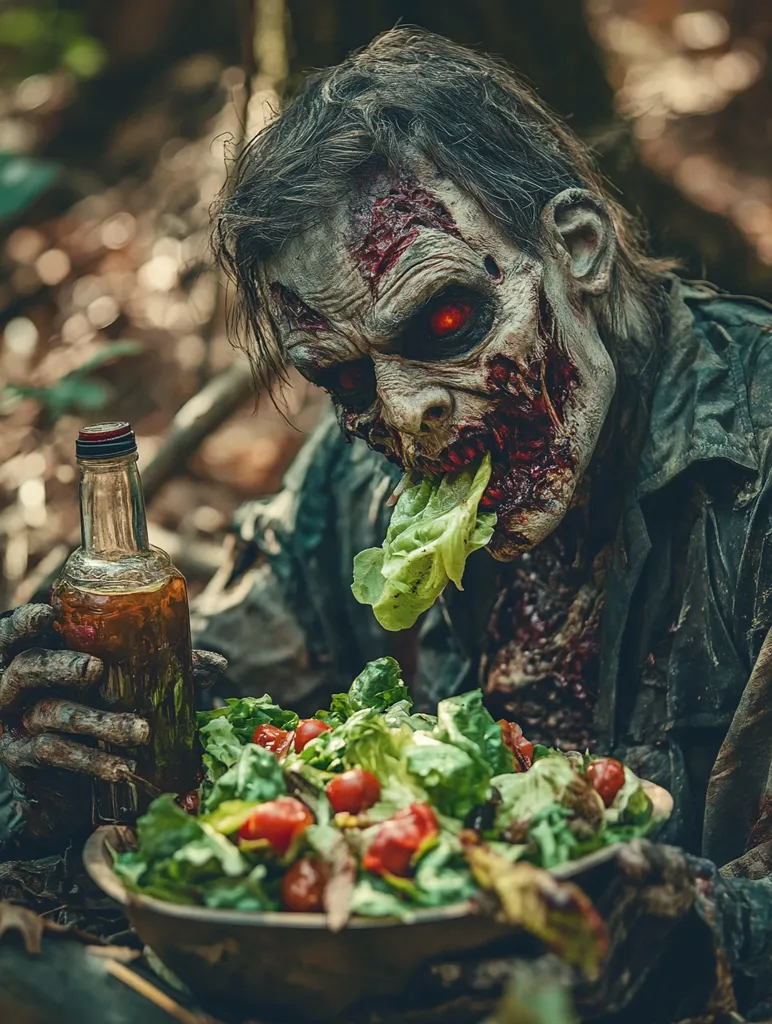 A decayed zombie with red eyes, bloody wounds and a gruesome mouth holds a glass bottle of liquid and a bowl of salad with tomatoes. The zombie's hand is covered in dirt, blood, and decay. He is in a dark, foresty setting. His expression is one of hunger.  The image is a surreal and grotesque portrayal of the undead.