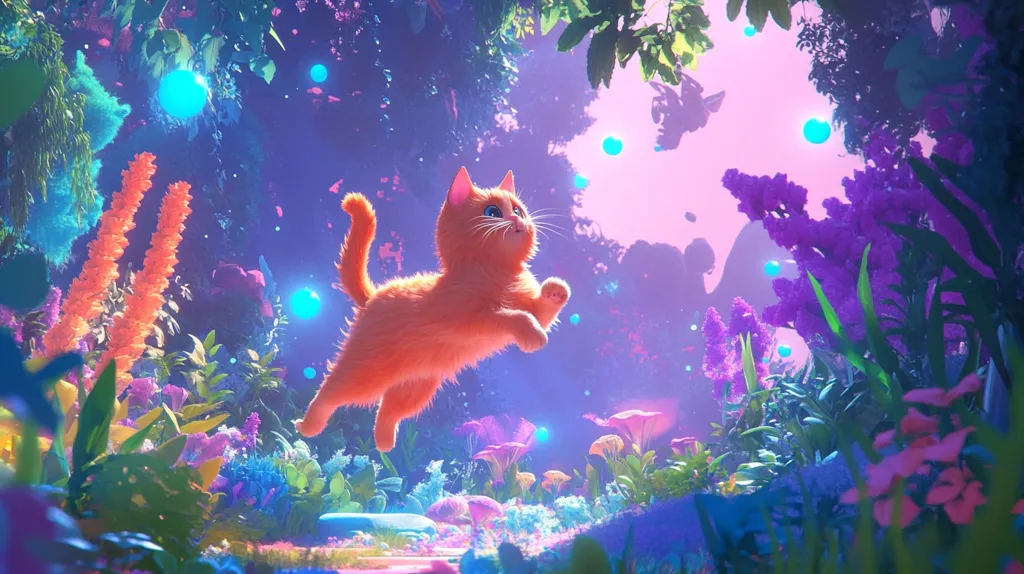 A bright orange kitten leaps through a magical forest. The forest is full of colorful plants and flowers, and glowing orbs float in the air. The sky is a soft pink and blue, and the overall atmosphere is whimsical and joyful.