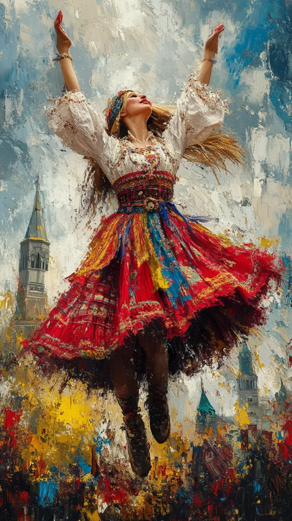 The painting depicts a woman in a colorful, flowing skirt and white blouse, with her arms raised, leaping through the air. Her hair is long and brown, and she has a bright smile on her face. The background is a blur of color, with buildings and sky visible in the distance. The woman's joyful expression and the vibrant colors of her clothing create a sense of celebration and movement. The painting's style is impressionistic, with brushstrokes visible and a focus on capturing the feeling of the scene rather than strict realism.