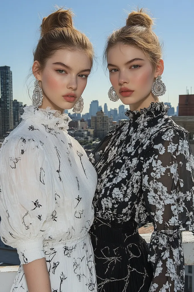 Two young women, with their hair in buns, stand side by side in front of a city skyline. They are wearing matching floral dresses, one in white and one in black.  Both are wearing large, silver earrings. The image is bright and airy, capturing a moment of youthful style and confidence.