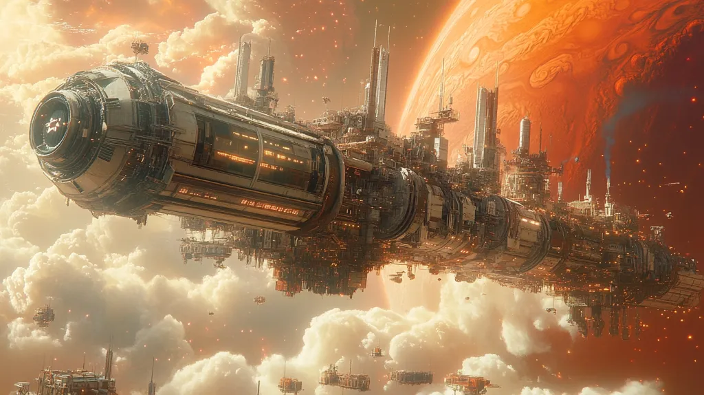 A massive, futuristic spaceship, with a cylindrical body and numerous extensions, soars above a cloudy, orange-hued landscape. The ship is adorned with intricate details, glowing lights, and numerous windows. A large, red planet looms in the background, creating an awe-inspiring sci-fi setting. Smaller, similar vessels can be seen flying below, adding to the sense of scale and technological advancement.