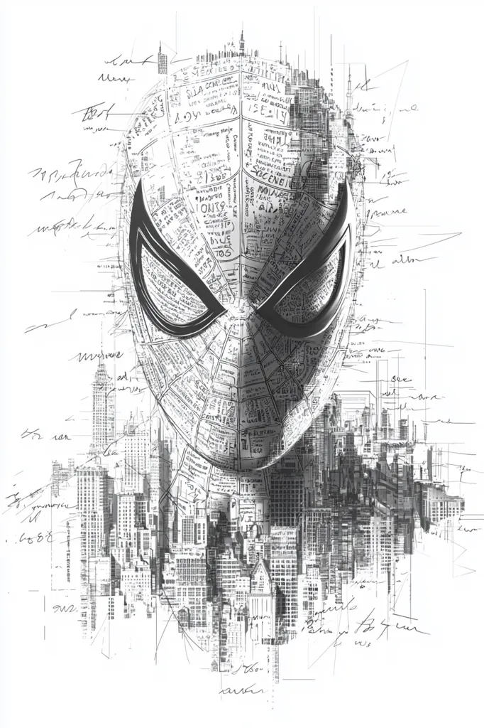 A black and white illustration of Spider-Man's mask overlaid with a cityscape. The image is created using a variety of lines and textures, creating a sense of depth and movement. The city is depicted in a stylized way, with buildings and streets rendered in a geometric style. The overall effect is one of dynamism and energy.