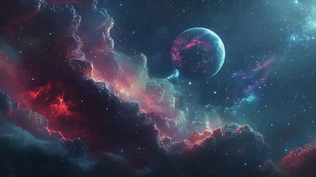 The image depicts a vast and starry expanse of space, filled with swirling clouds of gas and dust. A single, vibrant planet, with a blue and pink hue, is visible in the upper right corner of the image, casting a faint glow over the surrounding nebula. The dark clouds create a sense of mystery and depth, while the twinkling stars provide a backdrop of endless possibility. The colors are vibrant and saturated, creating a breathtakingly beautiful scene.