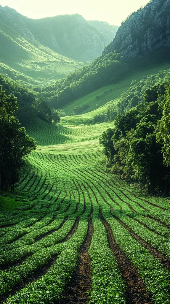 A lush green valley with rolling hills and a patchwork of farmland. The land is divided into long, straight rows, planted with a single crop. The valley is bordered by a thick forest of trees.  The hills in the background are covered with a blanket of green vegetation, and the sky is a soft, light blue.  The image evokes a sense of tranquility and peace.