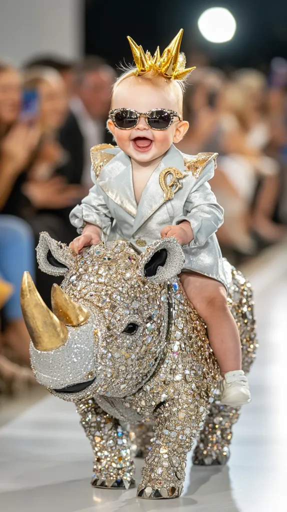 A young child, wearing a sparkly silver suit, a golden crown, and sunglasses, is riding a sparkling, diamond-encrusted rhinoceros. They are smiling and looking toward the camera, while the rhinoceros is looking ahead. The child is in the middle of a runway, with an audience blurred in the background. The image captures a moment of childlike joy and fashion.