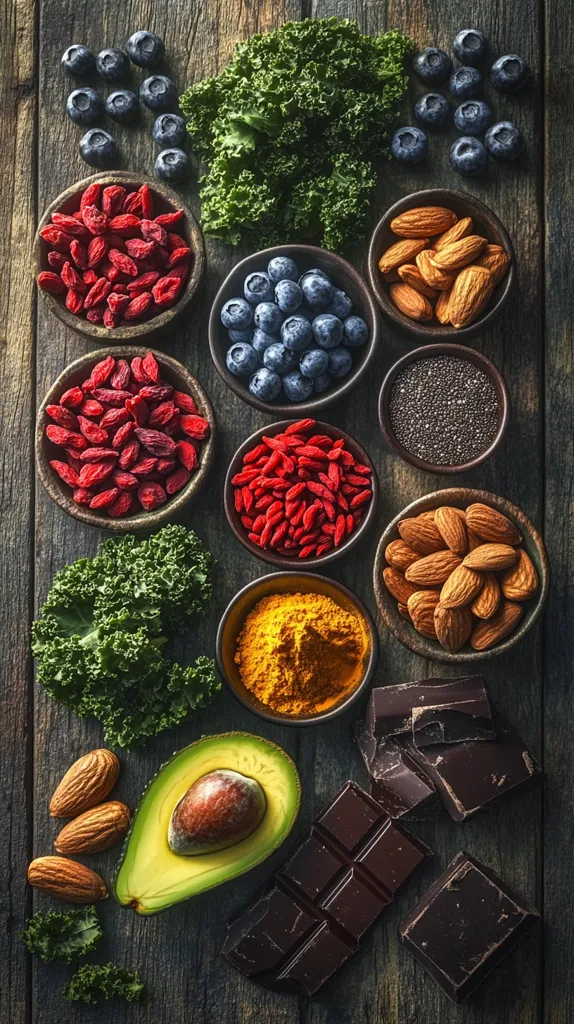The image displays a rustic wooden table with an assortment of healthy ingredients including blueberries, goji berries, almonds, avocado, dark chocolate, turmeric, and chia seeds. The image evokes a sense of healthy living and natural food.  The arrangement is aesthetically pleasing, highlighting the vibrant colors and textures of each ingredient.