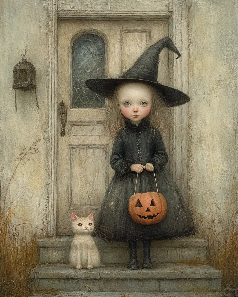 A young girl in a witch's costume stands on the steps of a house, holding a jack-o-lantern. She looks down at a white cat sitting on the step next to her. The house has a wooden door with a decorative window, and a birdcage hangs on the wall beside it. The scene has a whimsical and slightly spooky feel, perfect for Halloween.